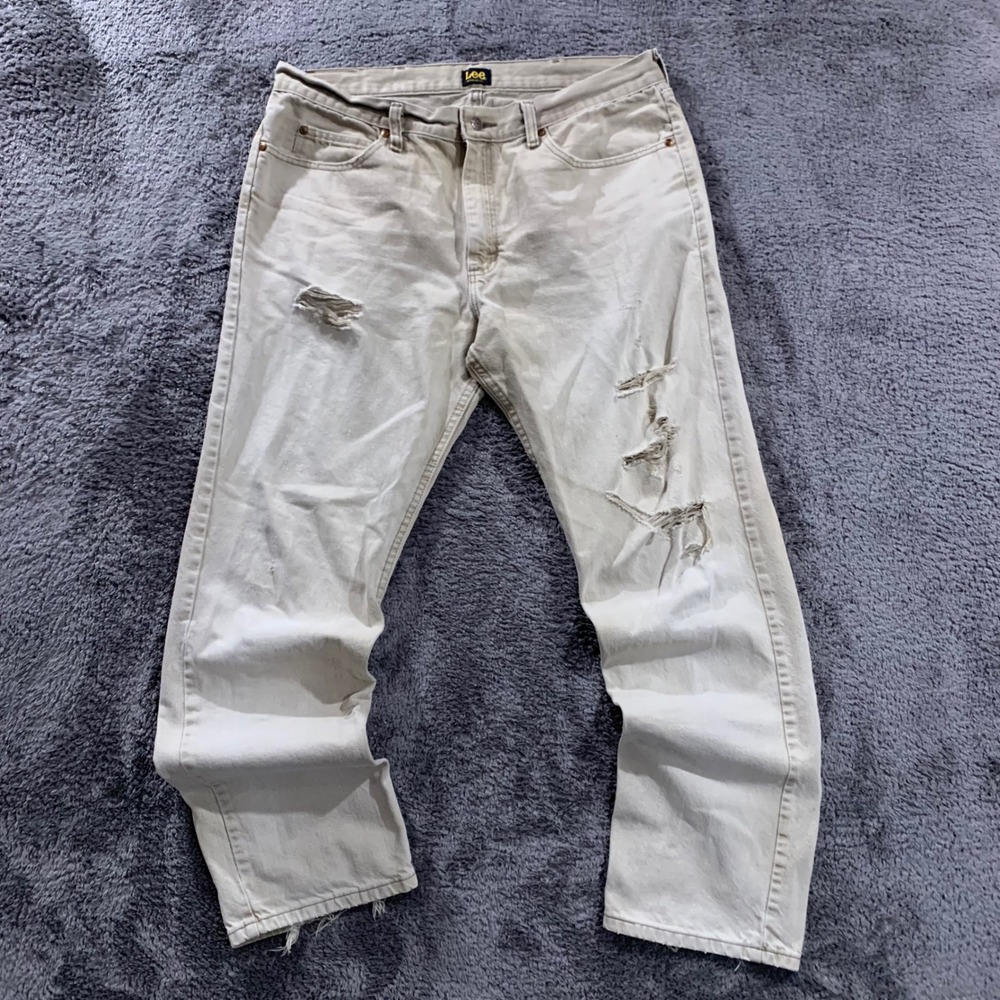 Lee Regular Fit Distressed Tan Jeans Mens 38x32 Straight Leg Cotton Denim
